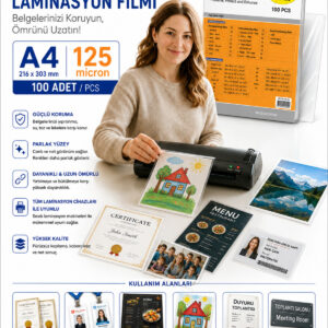 Orjinal Laminasyon Filmi (Okul eğitim iş vb alanlarda kullanılır) Parlak A4 125Mic( 1 paket 20 Li 303 x 216 CM )
