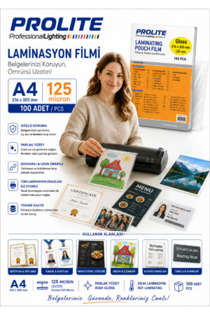 Orjinal Laminasyon Filmi (Okul eğitim iş vb alanlarda kullanılır) Parlak A4 125Mic( 1 paket 20 Li 303 x 216 CM )