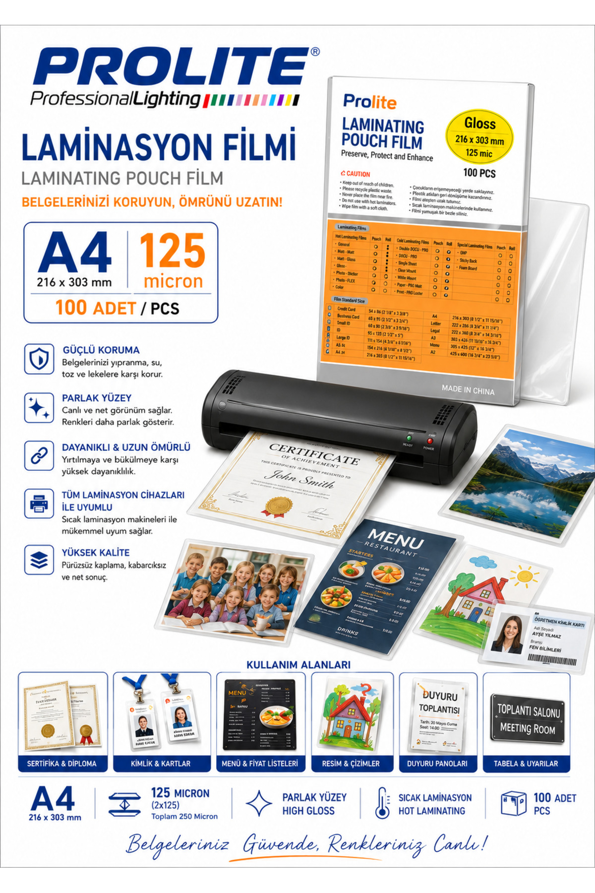 Orjinal Laminasyon Filmi (Okul eğitim iş vb alanlarda kullanılır) Parlak A4 125Mic( 1 paket 20 Li 303 x 216 CM ) - Görsel 3