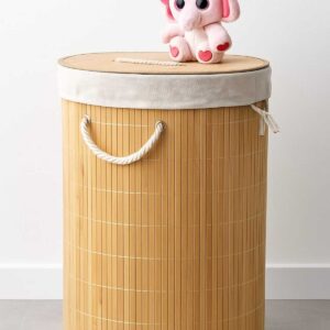Orjinal Bambu Portatif Taşınabilir Çamaşır Kirli Sepeti Yuvarlak 50X35 cm 48 Litre