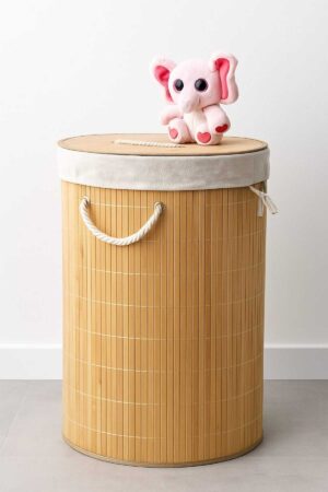 Orjinal Bambu Portatif Taşınabilir Çamaşır Kirli Sepeti Yuvarlak 50X35 cm 48 Litre