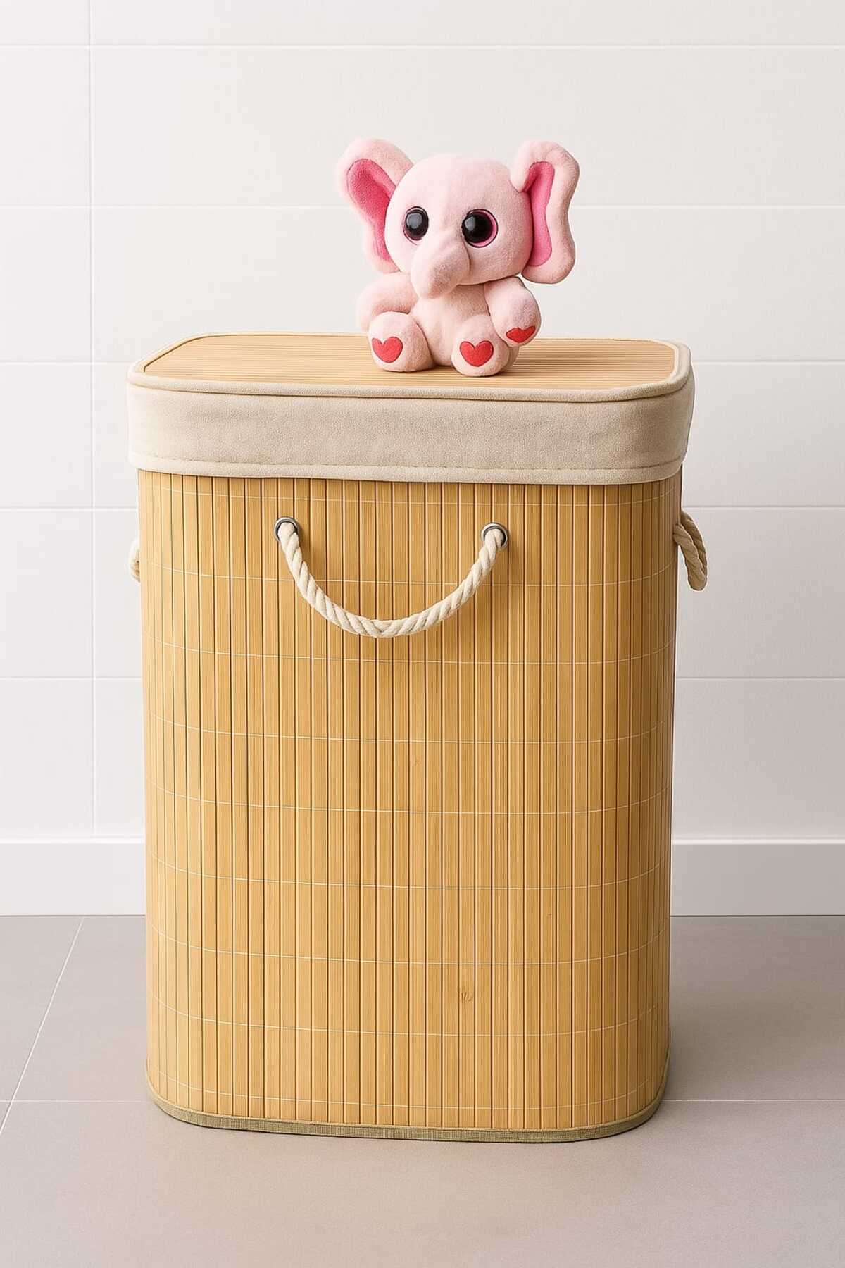 Orjinal Bambu Portatif Taşınabilir Çamaşır Kirli Sepeti Kare 50X35X30 cm 50 Litre