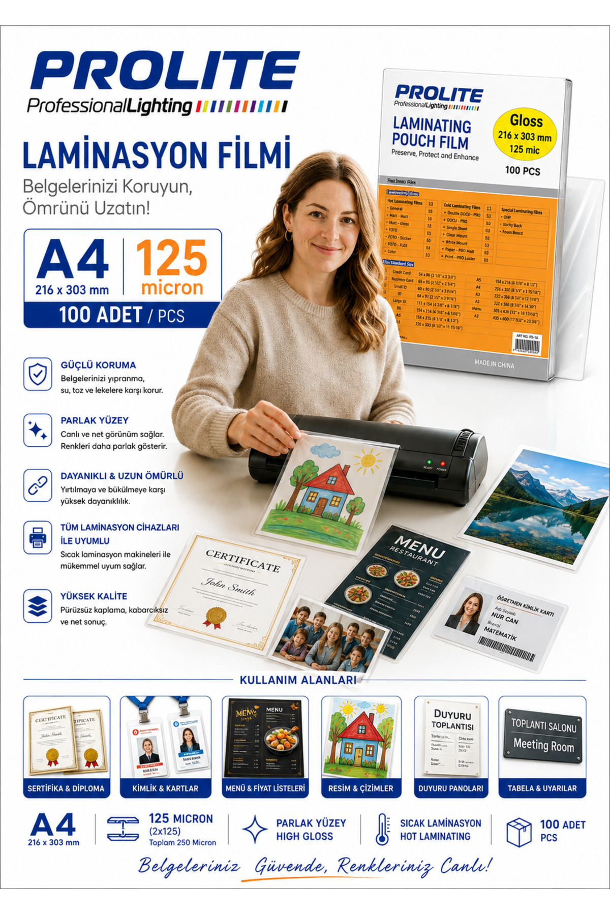 Orjinal Laminasyon Filmi Parlak A4 125Mic (Okul Eğitim sunum ofis iş vb projelerde kullanılır)( 1 paket 100 Lü 303 x 216 CM ) - Görsel 3