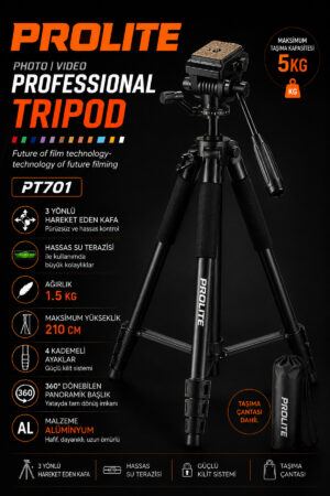 Professional Lighting Hidrolik Kafa Video Kamera Pr701 Tripod 5 kg taşıma kapasite 210 cm (Dslr Fotoğraf Makinası Projeksiyon Dürbün teleskop )