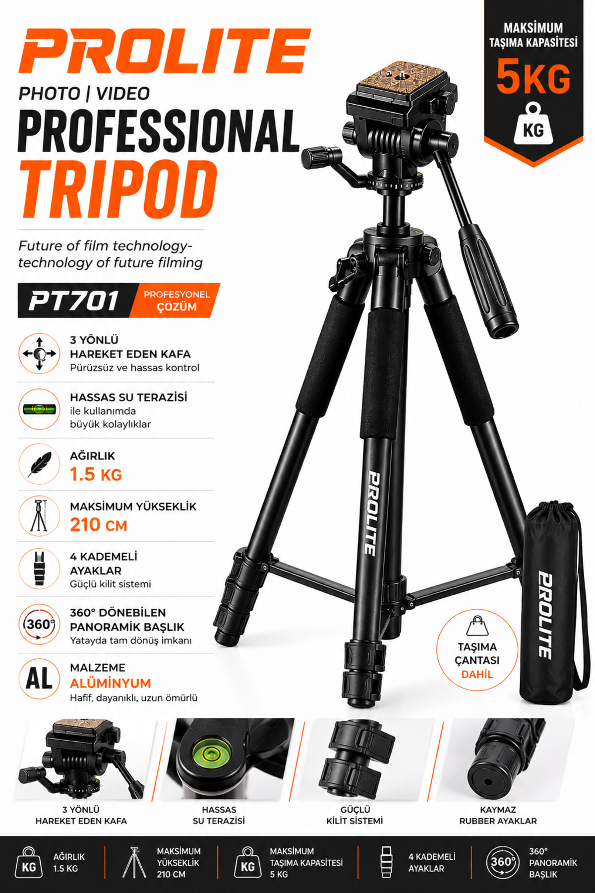 Professional Lighting Hidrolik Kafa Video Kamera Pr701 Tripod 5 kg taşıma kapasite 210 cm (Dslr Fotoğraf Makinası Projeksiyon Dürbün teleskop ) - Görsel 2