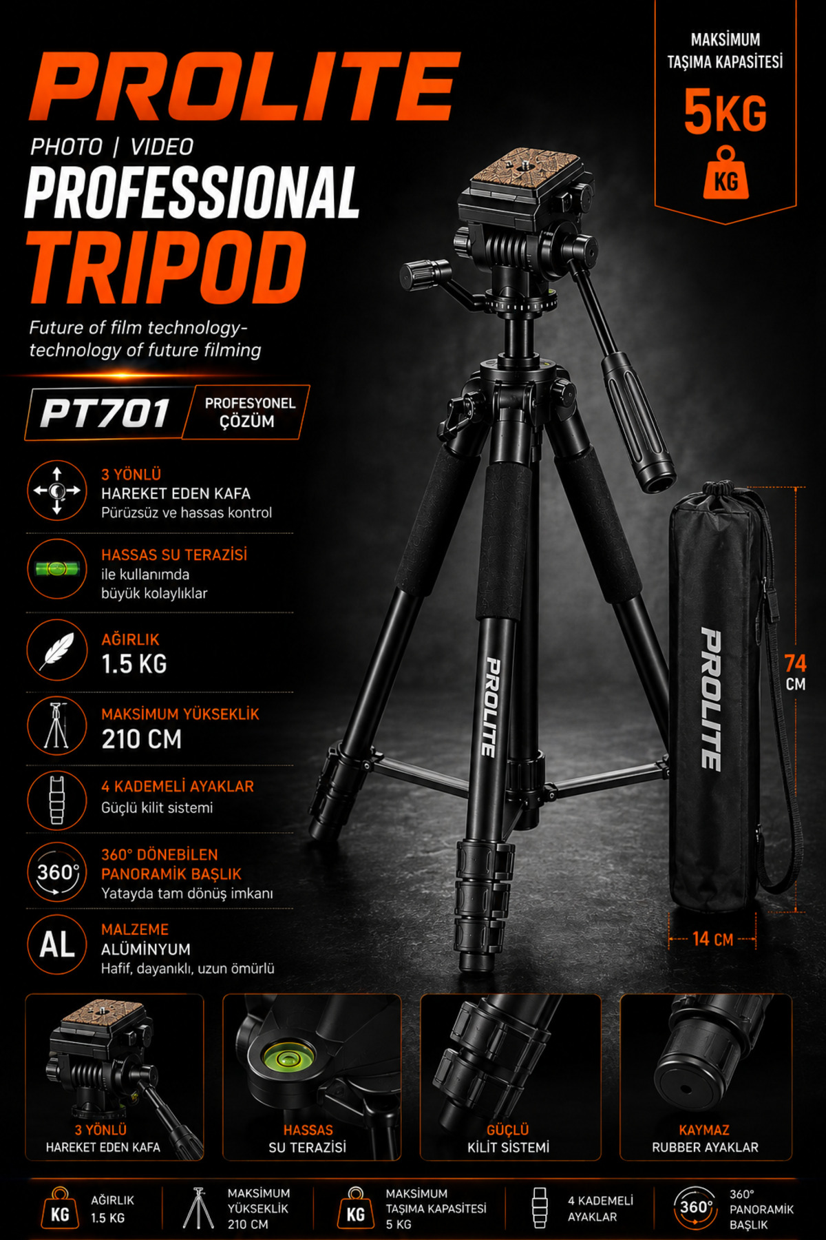 Professional Lighting Hidrolik Kafa Video Kamera Pr701 Tripod 5 kg taşıma kapasite 210 cm (Dslr Fotoğraf Makinası Projeksiyon Dürbün teleskop ) - Görsel 3