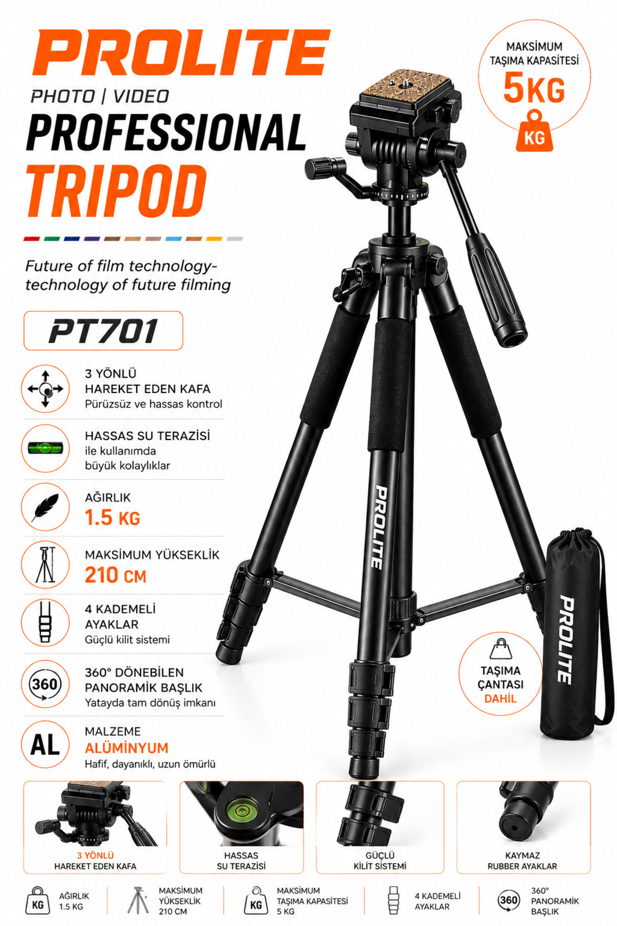 Professional Lighting Hidrolik Kafa Video Kamera Pr701 Tripod 5 kg taşıma kapasite 210 cm (Dslr Fotoğraf Makinası Projeksiyon Dürbün teleskop ) - Görsel 4