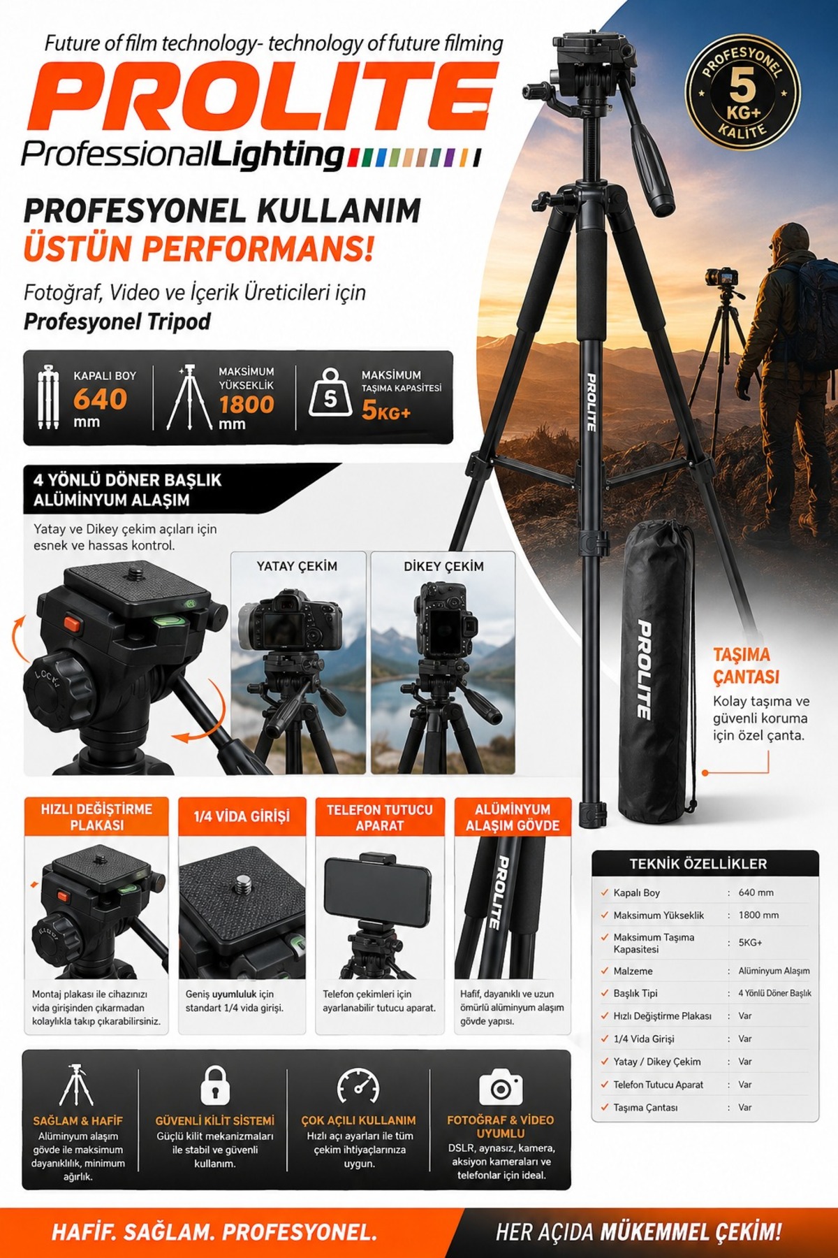 Orjinal 180 cm Tripod Dslr Telefon Gopro Teleskop Telefon Projeksiyon uyumlu Canon Nikon Sony fujifilm için - Görsel 3